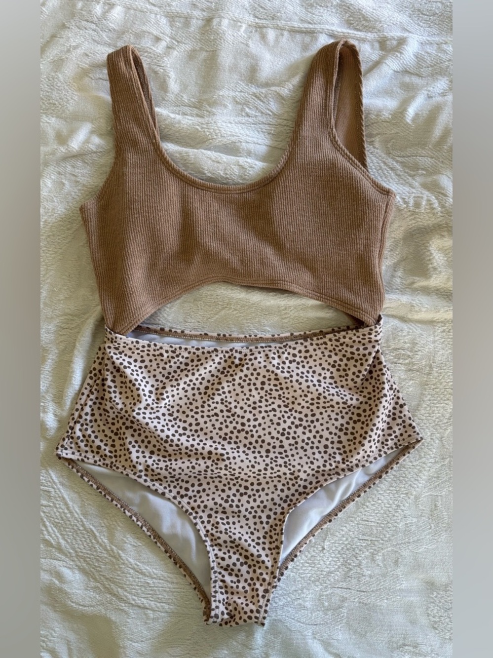 SHEIN Medium Beige Monokini Ribbed One Piece Polka Dot High Waisted Modest